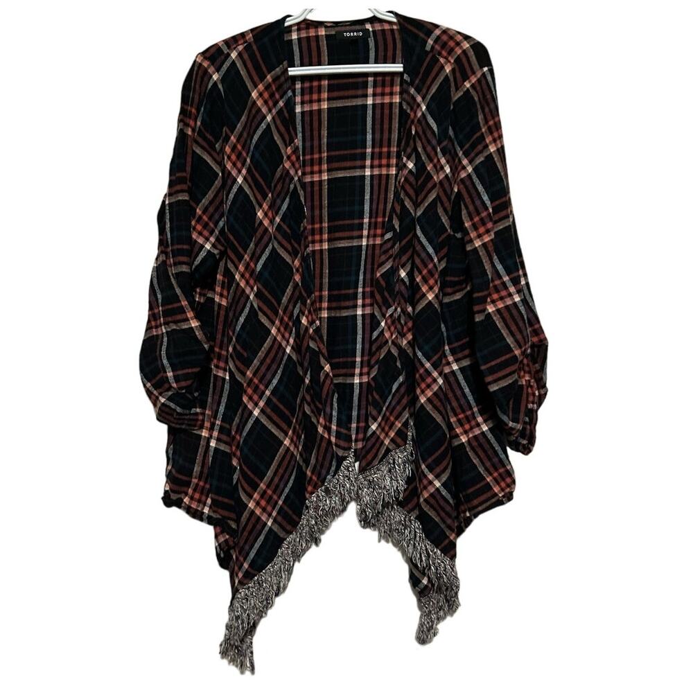 Torrid Women's Flannel Black Rust Plaid Fall Fringe 3/4 Sleeve Wrap Size 2 Med